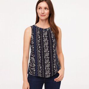 LOFT Navy Blue Floral Print Crew Neck Sleeveless Blouse - Small